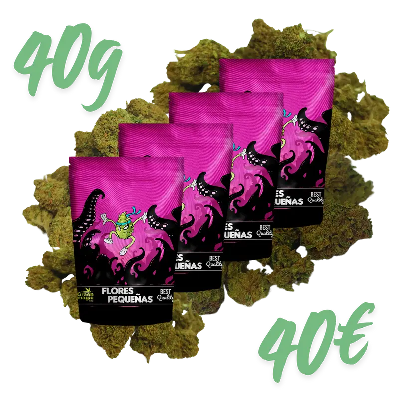 Pack de 4 paquetes de CBD que hacen un total de 40g, aparecen números que recalcan el precio de a 1 euro el gramo