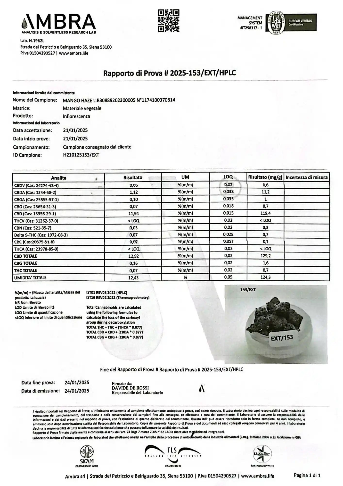 Analítica de Flor Mango Haze CBD, se pude ver su alto contenido en CBD y bajo THC