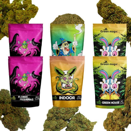 Se muestra todo el contenido que incluye la oferta Pack Degustación de Flores CBD, 6 tipos de flores cbd diferentes y su packaging