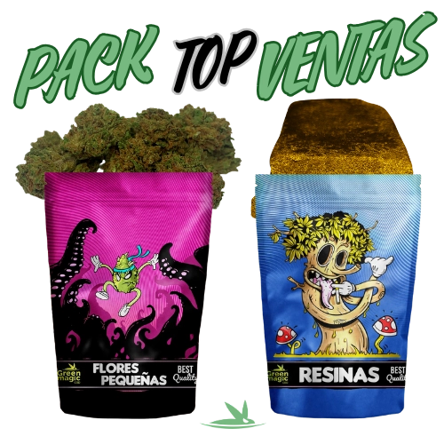 Pack Oferta de los 2 productos mas vendidos de Green Magic. A la izquierda vemos Flor Orange Small CBD, y a la derecha Hash Libanes CBD. Se puede apreciar que ambos son productos premium