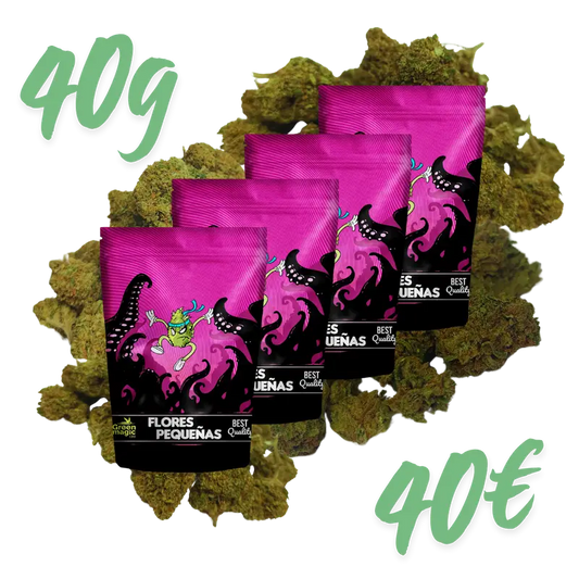 Pack de 4 paquetes de CBD que hacen un total de 40g, aparecen números que recalcan el precio de a 1 euro el gramo