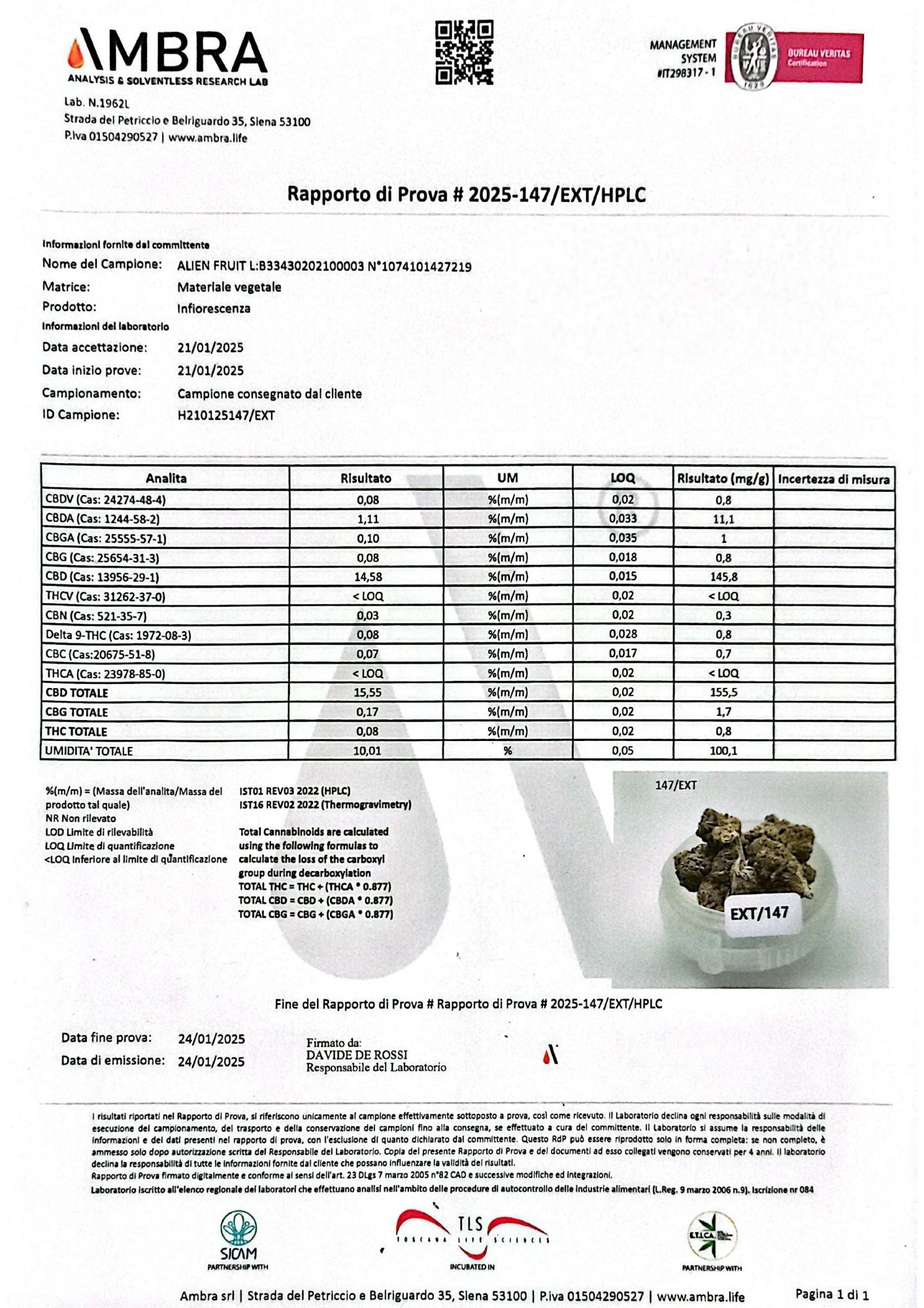 Analítica donde se puede comprobar el alto nivel en CBD y bajo en THC