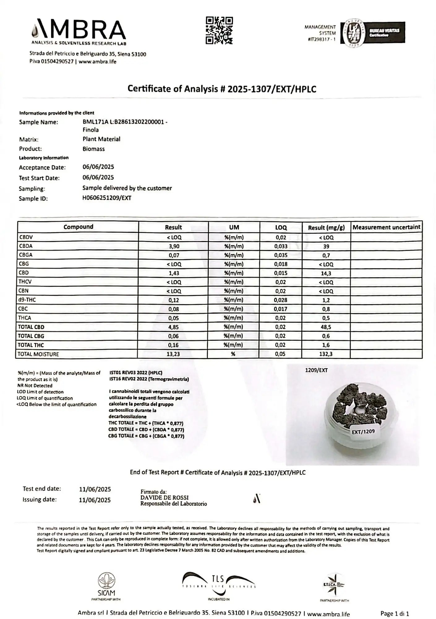 Analítica de la Flor CBD Cannatonic, se puede apreciar su alto contenido en CBD y bajo THC