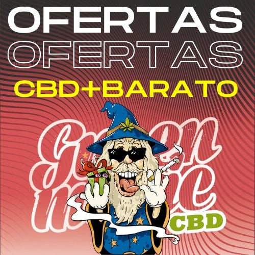 Muestra un cartel muy gran de oferta y a un mago ofreciendo CBD barato