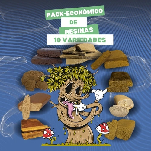 Un pack con 10 tipos de hachís de CBD, presentado por un árbol animado con un cartel describiendo que comprar esta oferta es mas barato que de forma individual
