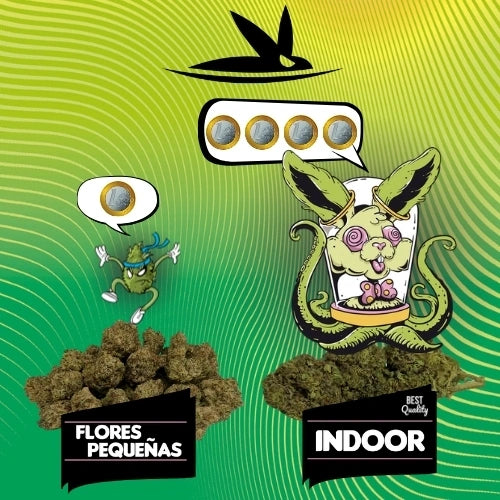 Un dibujo de un cogollo pequeño ninja, recalcando que el CBD en formato small buds, tiene un precio mas barato que el CBD en formato indoor