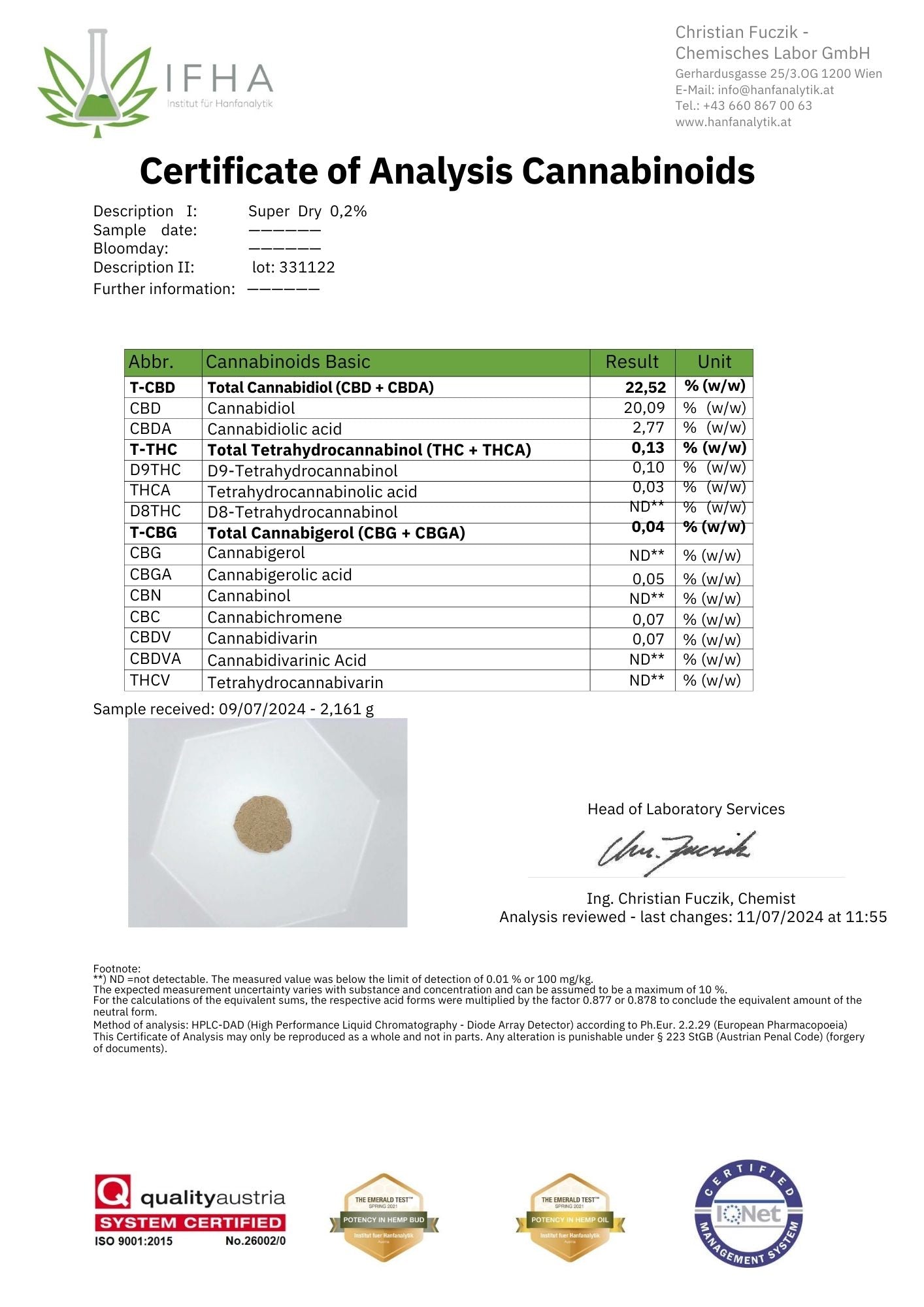 Se muestra una analítica donde se describen todos los compuestos y los porcentajes con los que esta formado el Dry Sift CBD 