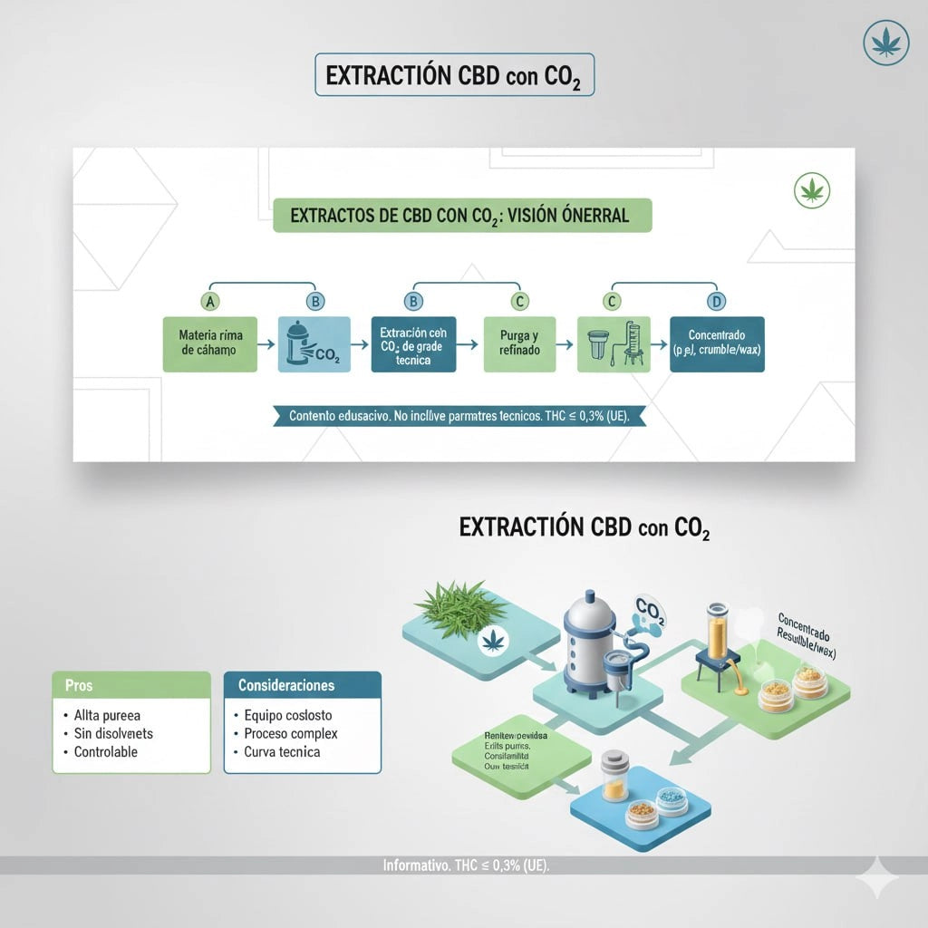 Esquema que muestra los procesos de extracción de Hachís CBD mediante CO2