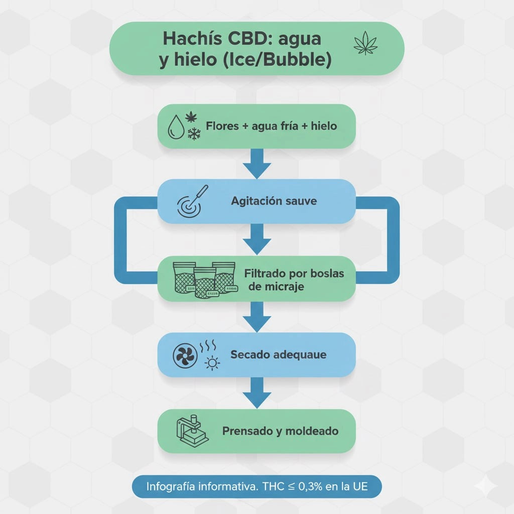 Un esquema mostrando fácilmente los pasos a seguir para realizar una extracción de Hachís CBD Bubble Ice o extracción con agua y hielo