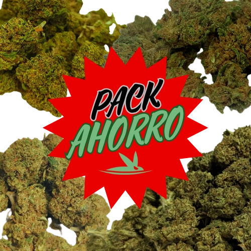 Cartel de la oferta del Pack Ahorro que muestra tambien las diferentes flores de CBD que incluye dicho pack
