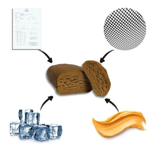 Se muestra una placa de Hachís CBD Piatella y a su alrededor una serie de imágenes que hacen referencia a sus ventajas como producto 